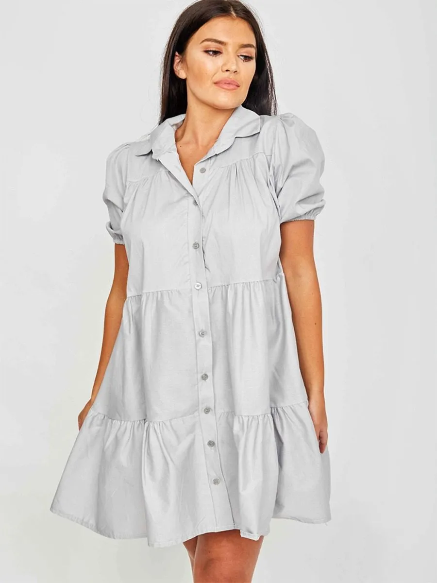 Mia Button-Front Tiered Smock Dress In Grey sold by Vivichi
