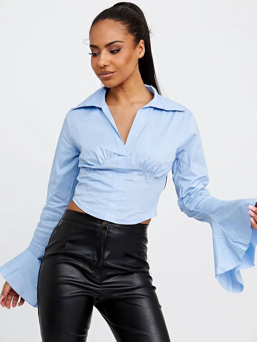 Kimmy Corset Style Top With Bell Sleeves In Blue sold by Vivichi