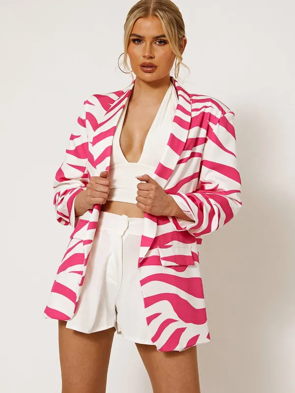 Chelsie Zebra Print Blazer With Ruched Sleeves In Pink sold by Vivichi