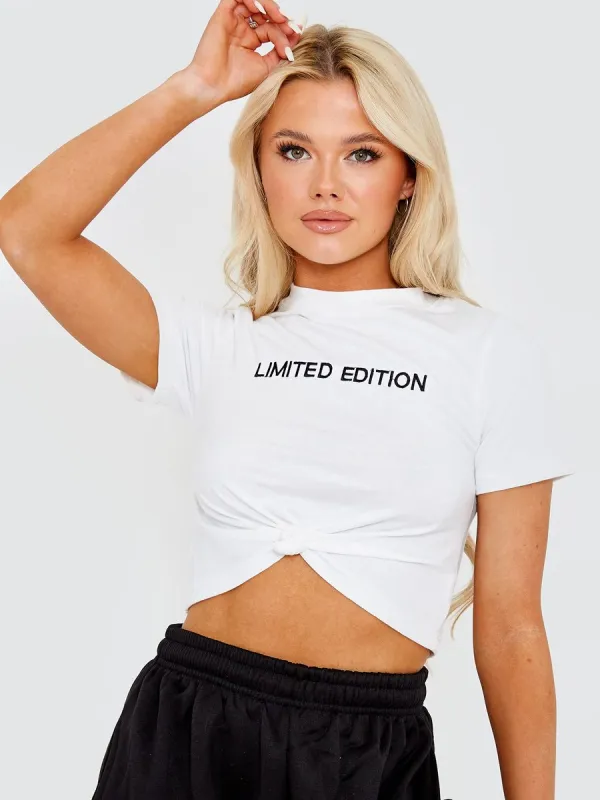 Annie Limited Edition Embroidered Knot Front Crop Top In White sold by Vivichi