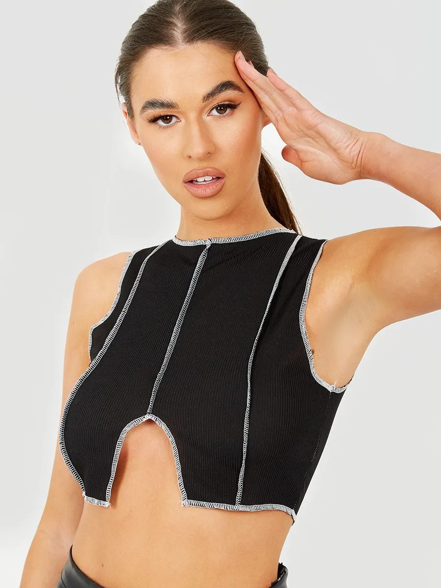 Tesa Contrast Stitch Detail Ribbed Crop Top In Black sold by Vivichi product image thumbnail 2