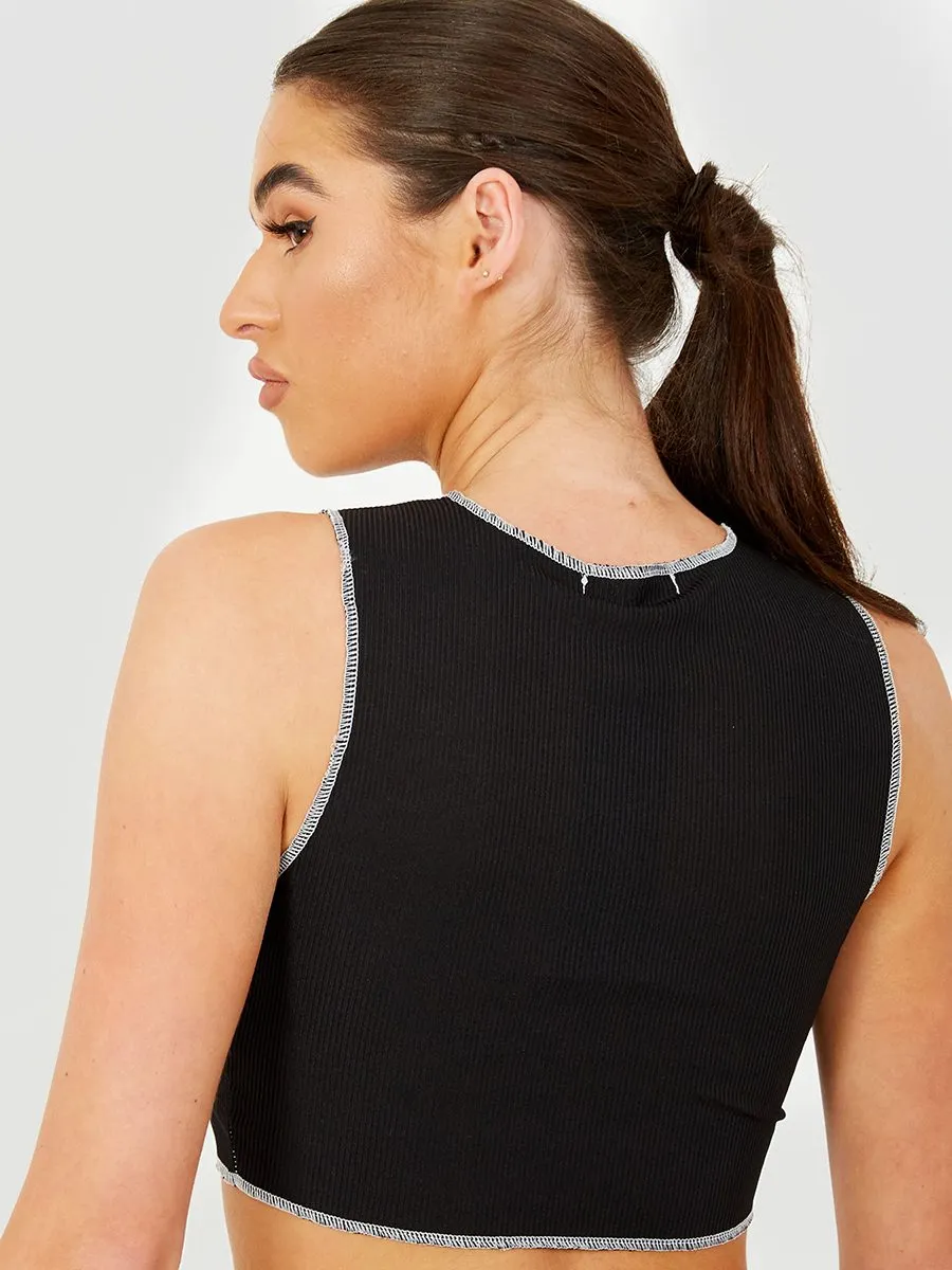 Tesa Contrast Stitch Detail Ribbed Crop Top In Black sold by Vivichi product image thumbnail 3