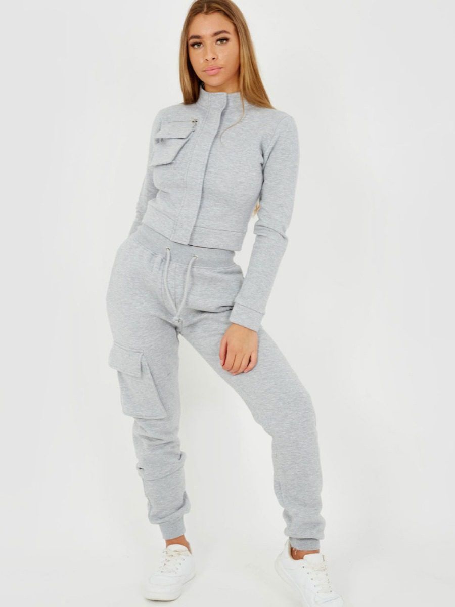 Angie Utility Pocket Zipped Fleece Tracksuit In Grey sold by Vivichi