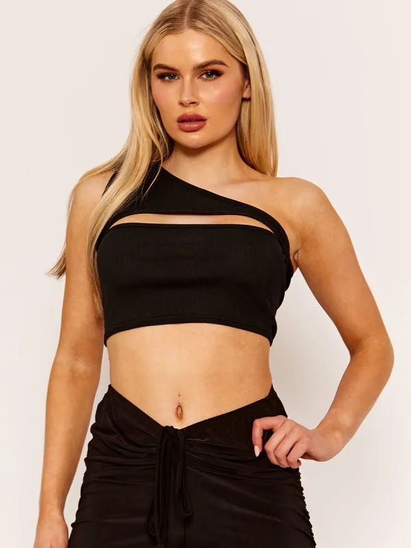 Kyara One Shoulder Cut Out Front Ribbed Crop Top In Black sold by Vivichi