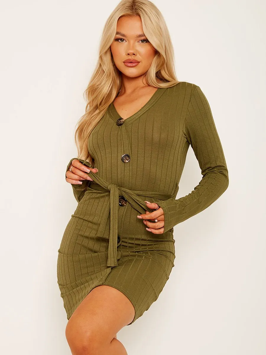 Irena Mock Button Detail Ribbed Belted Dress In Khaki sold by Vivichi product image thumbnail 4