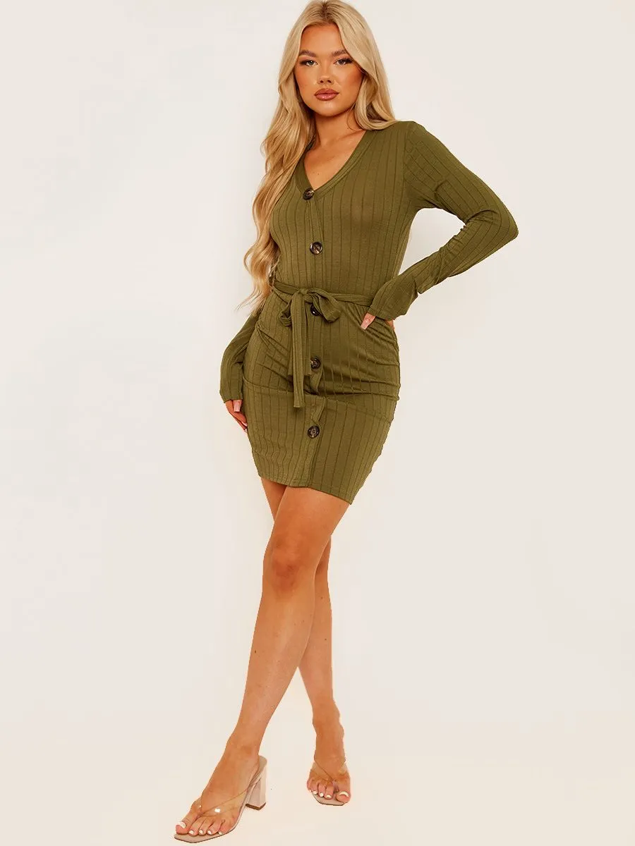 Irena Mock Button Detail Ribbed Belted Dress In Khaki sold by Vivichi