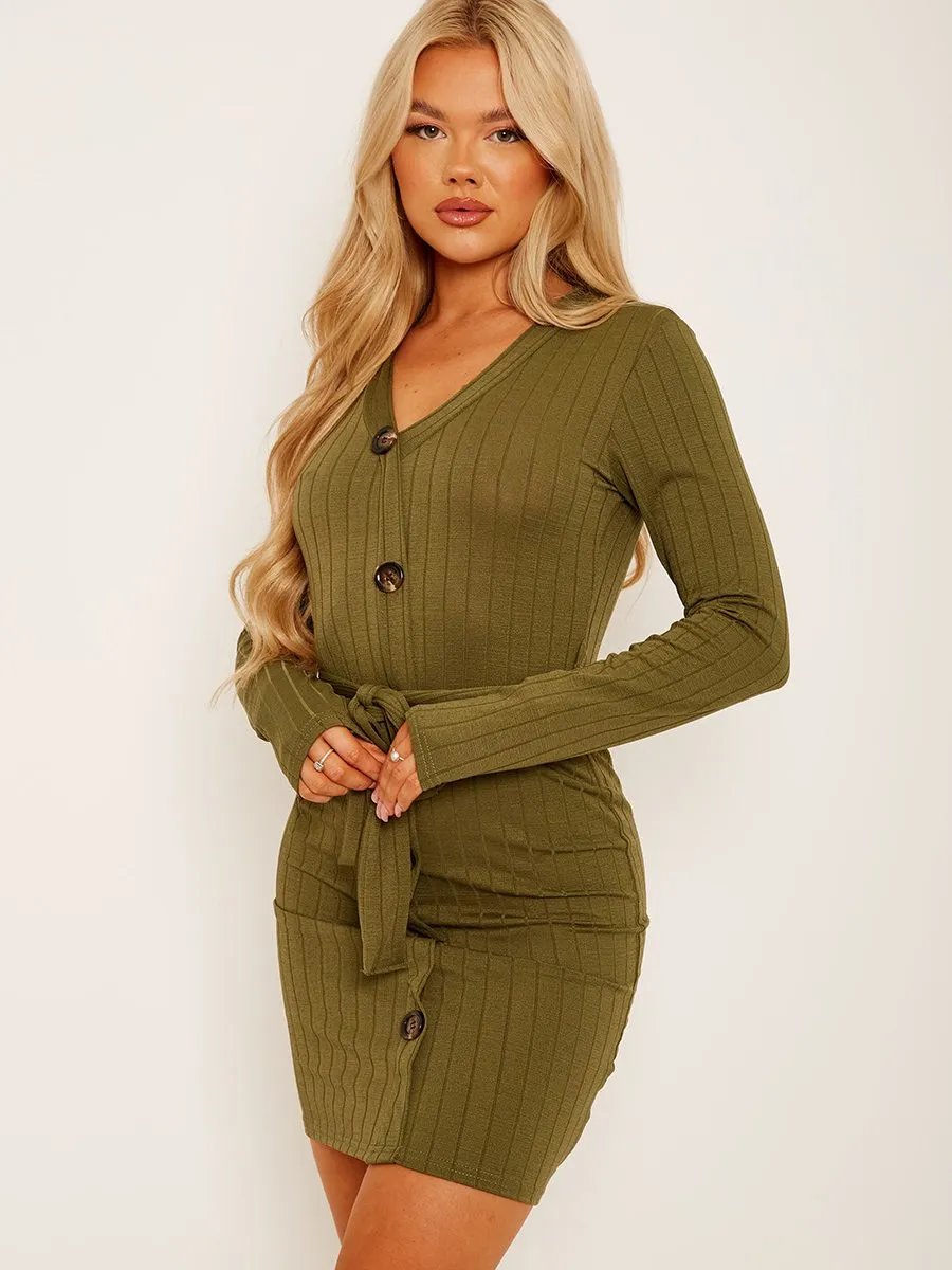 Irena Mock Button Detail Ribbed Belted Dress In Khaki sold by Vivichi product image thumbnail 2