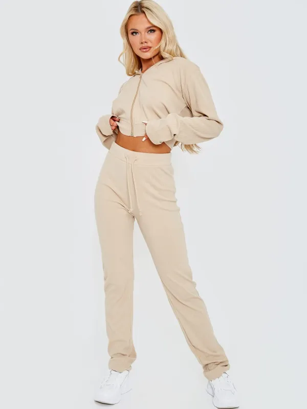 Kaity Ribbed Zip Up Hoodie & Trouser Co-ord In Stone made by Vivichi