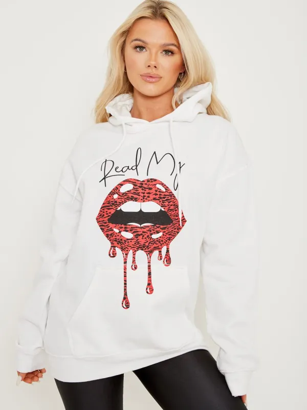 Gracia Read My Lips Graphic Fleeced Hoodie In White sold by Vivichi