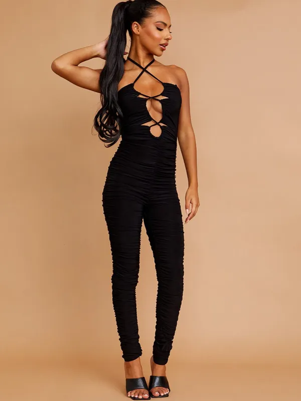 Jade Halter Cut Out Front Slinky Ruched Jumpsuit In Black sold by Vivichi