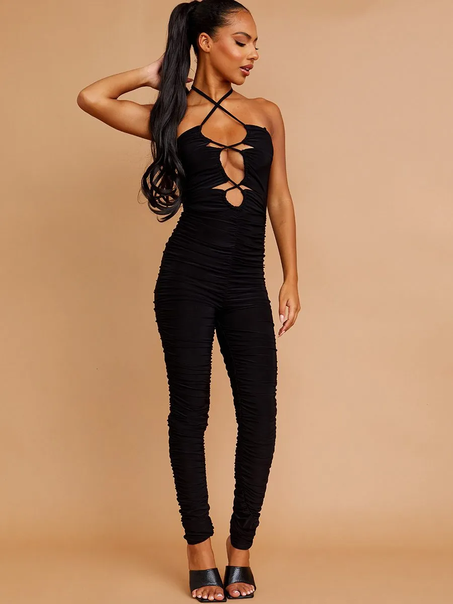 Jade Halter Cut Out Front Slinky Ruched Jumpsuit In Black sold by Vivichi