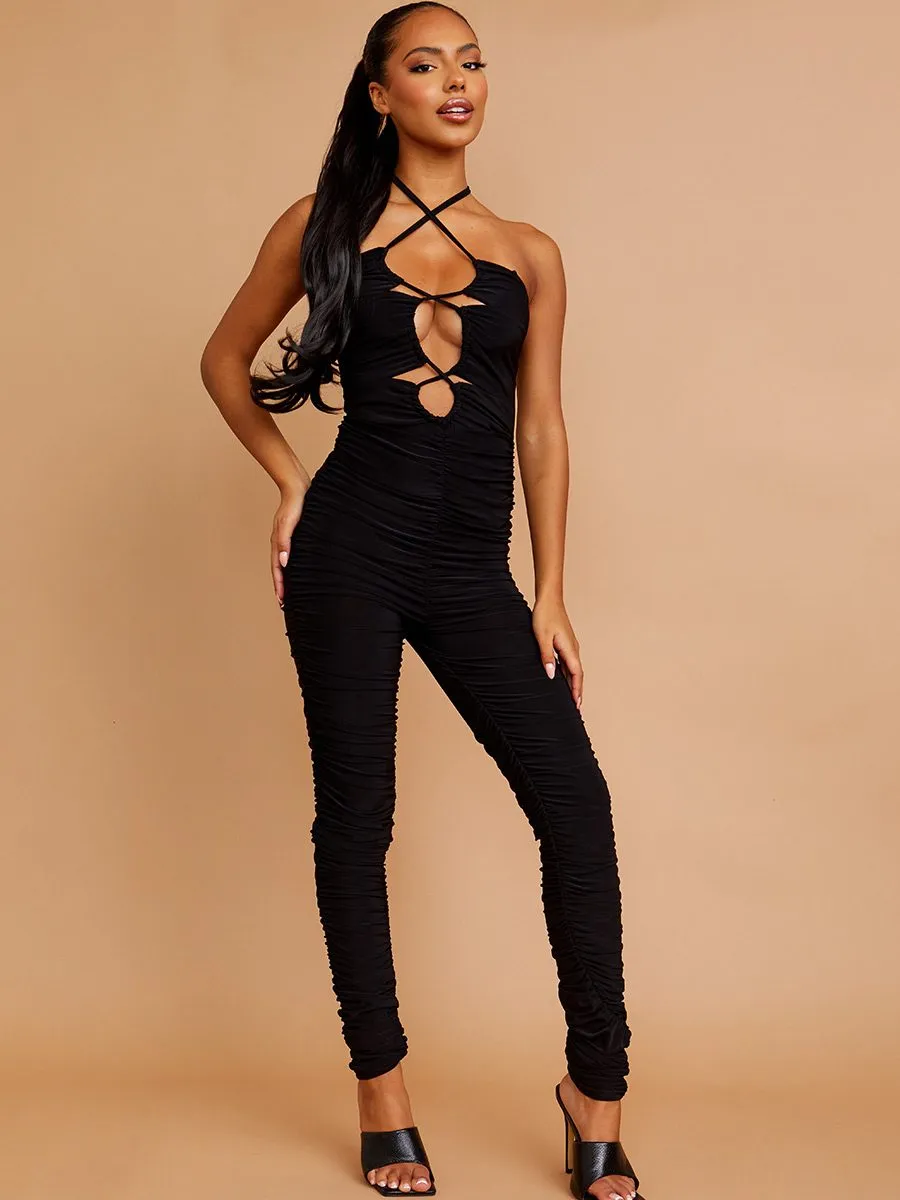 Jade Halter Cut Out Front Slinky Ruched Jumpsuit In Black sold by Vivichi product image thumbnail 4