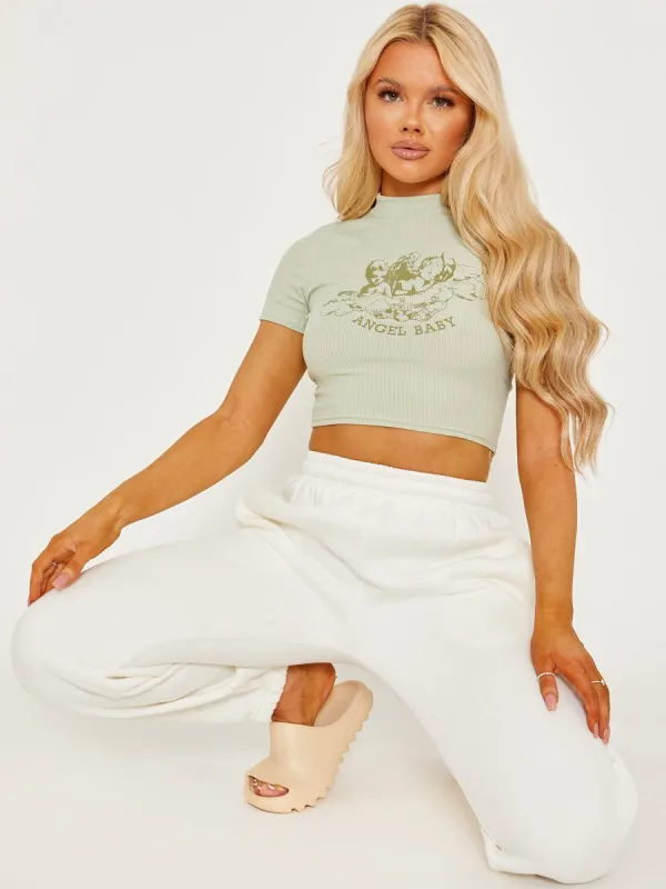 Monna Angel Baby Graphic Ribbed Crop Top In Green sold by Vivichi