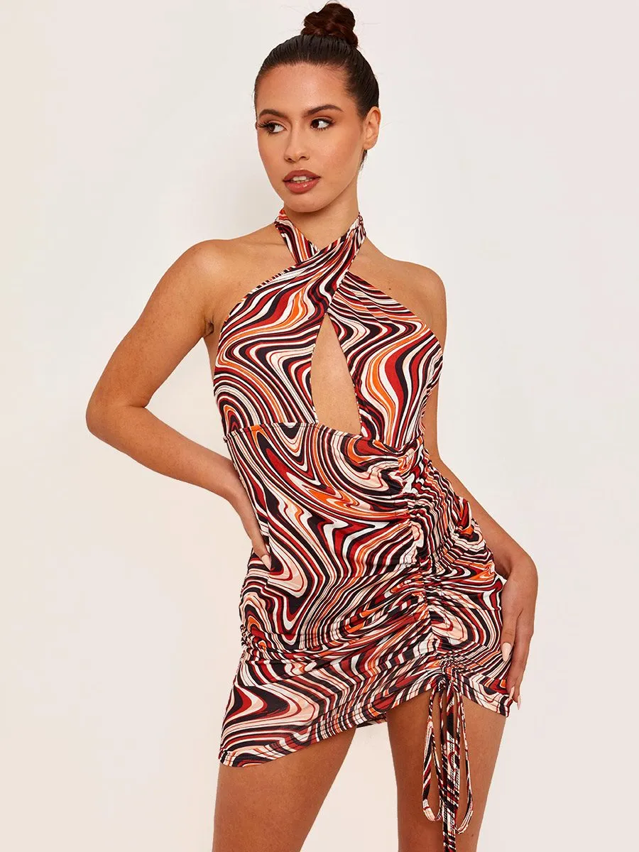 Linzi Marble Print Front Ruched Halterneck Dress In Orange sold by Vivichi product image thumbnail 2