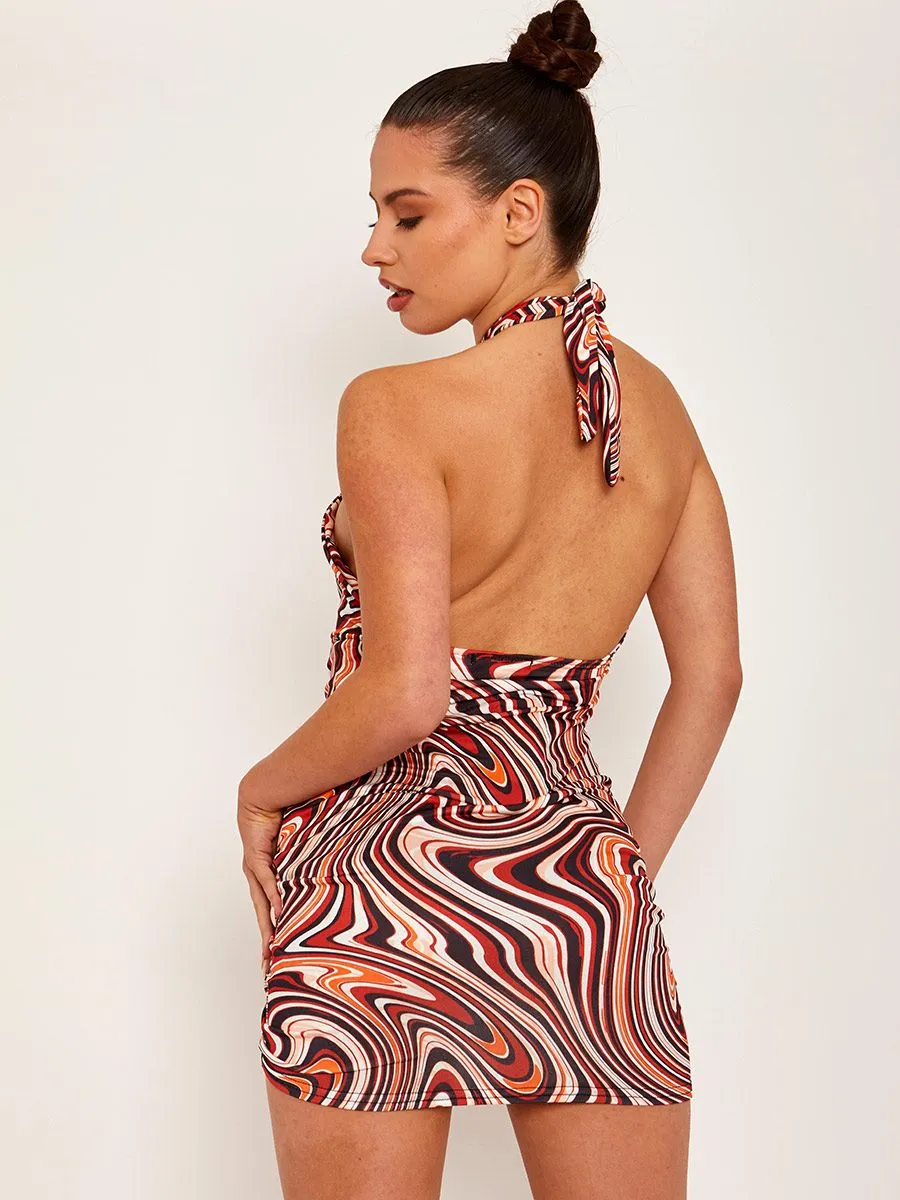 Linzi Marble Print Front Ruched Halterneck Dress In Orange sold by Vivichi product image thumbnail 3