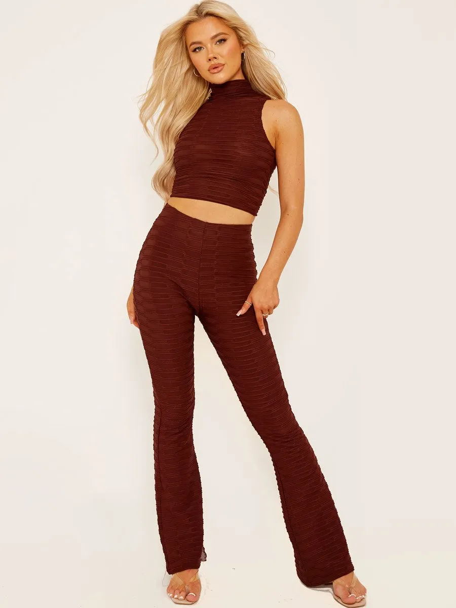 Joane Pleated Jersey Crop Top & Flared Trouser Co-ord In Chocolate sold by Vivichi product image thumbnail 3