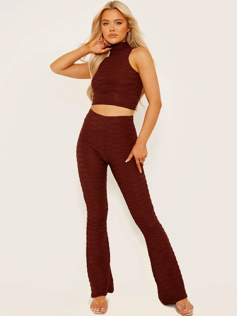 Joane Pleated Jersey Crop Top & Flared Trouser Co-ord In Chocolate sold by Vivichi product image thumbnail 2