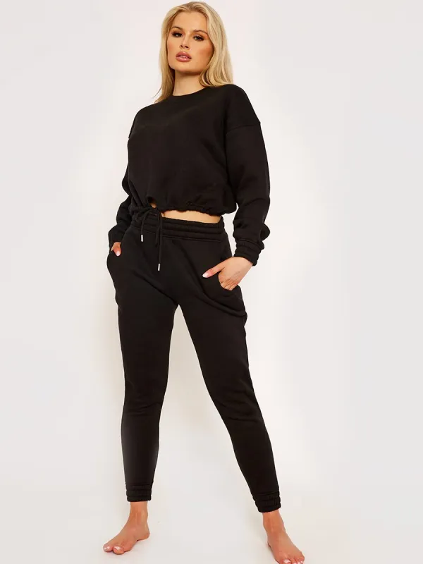 Cassie Oversized Drawstring Sweatshirt & Jogger Fleeced Co-ord In Black sold by Vivichi