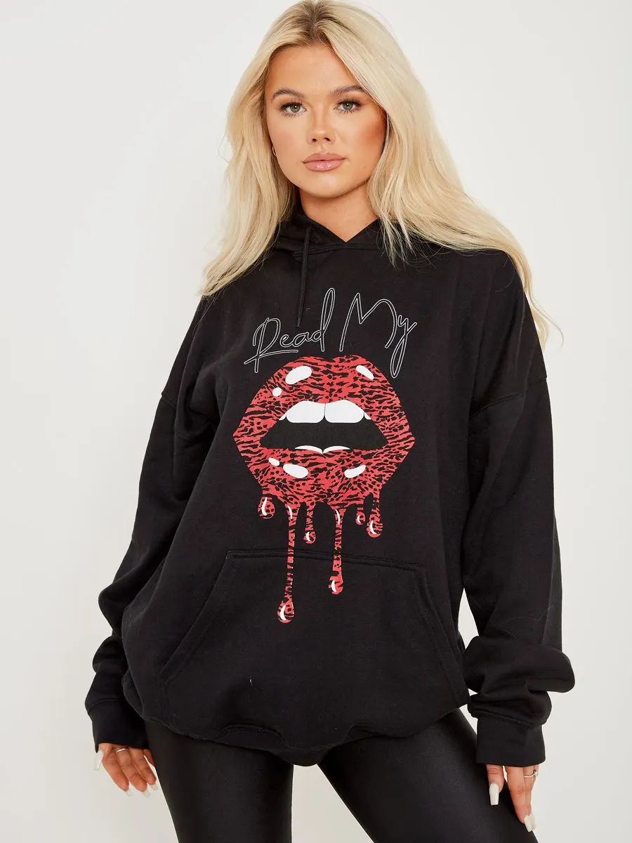 Gracia Read My Lips Graphic Fleeced Hoodie In Black sold by Vivichi