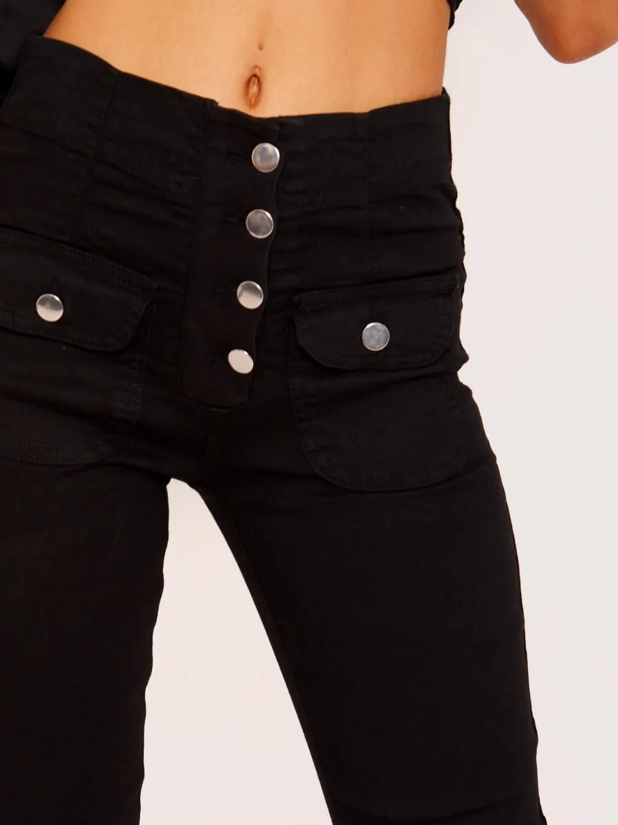 Elly Four Button Patch Pocket Flare Jeans In Black sold by Vivichi product image thumbnail 2