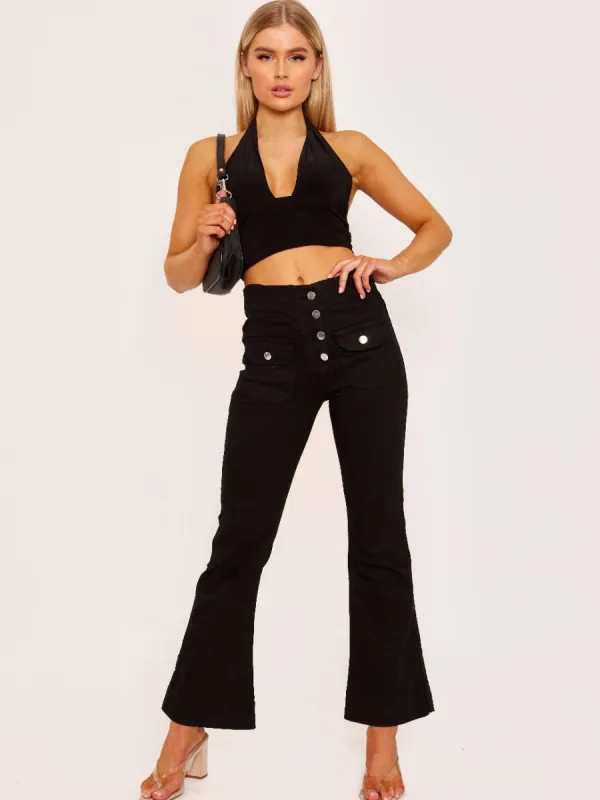 Elly Four Button Patch Pocket Flare Jeans In Black made by Vivichi