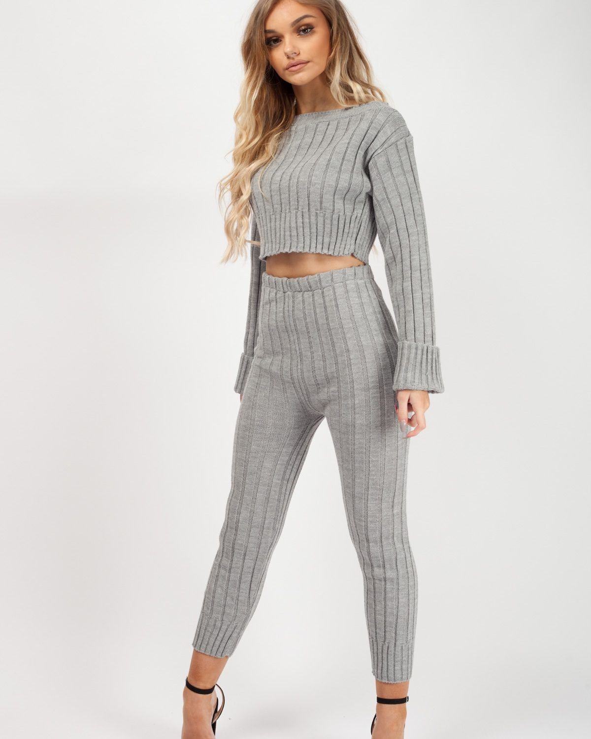 * Kady McDermott *Kalianna Ribbed Knitted Crop Top & Bottom Loungewear In Grey sold by Vivichi
