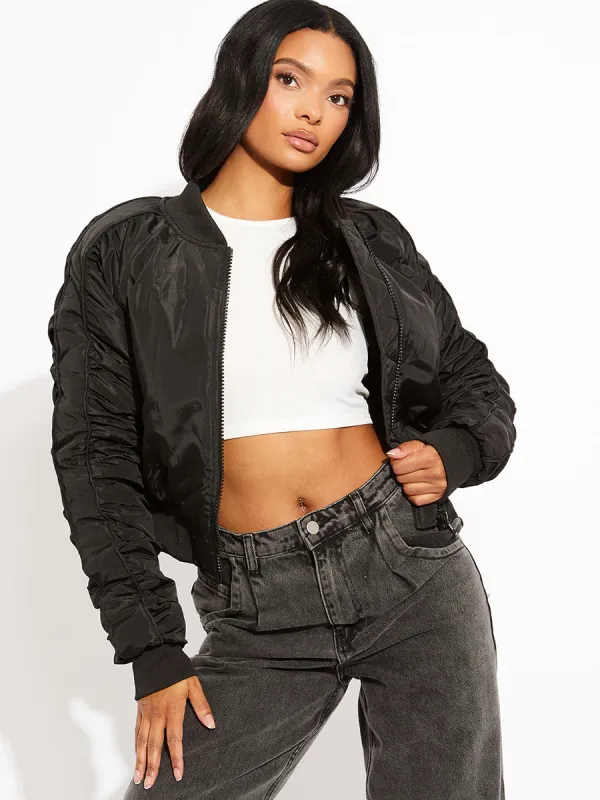 Mila Ruched Sleeve Zipped Bomber Jacket In Black sold by Vivichi