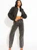 Mila Ruched Sleeve Zipped Bomber Jacket In Black sold by Vivichi