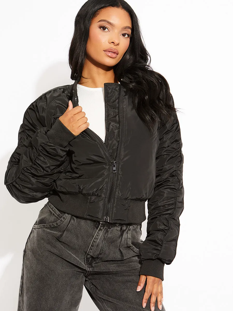 Mila Ruched Sleeve Zipped Bomber Jacket In Black sold by Vivichi product image thumbnail 3