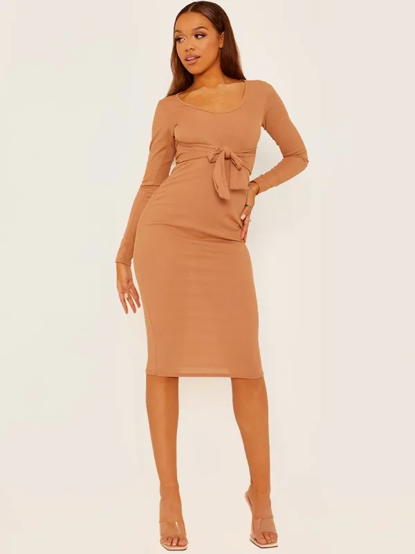 Alba Self Tie Knot Ribbed Midi Dress In Stone sold by Vivichi