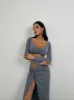 **PRE-ORDER** Olga Gather Detail Crop Top & Slit Skirt In Grey sold by Vivichi