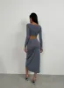 **PRE-ORDER** Olga Gather Detail Crop Top & Slit Skirt In Grey sold by Vivichi
