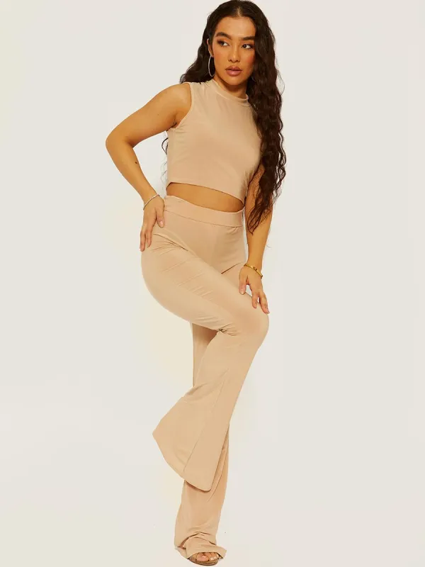 Hulia Slinky High Neck Crop Top & Flared Trouser Co-ord In Stone sold by Vivichi