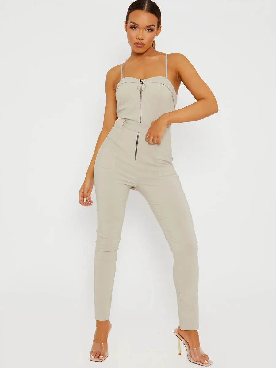 Keyra Zip Front Belted Cami Jumpsuit In Stone sold by Vivichi product image thumbnail 4