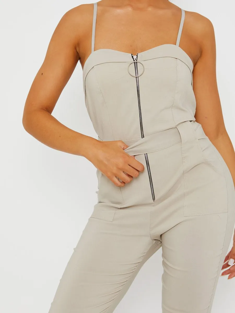 Keyra Zip Front Belted Cami Jumpsuit In Stone sold by Vivichi product image thumbnail 2