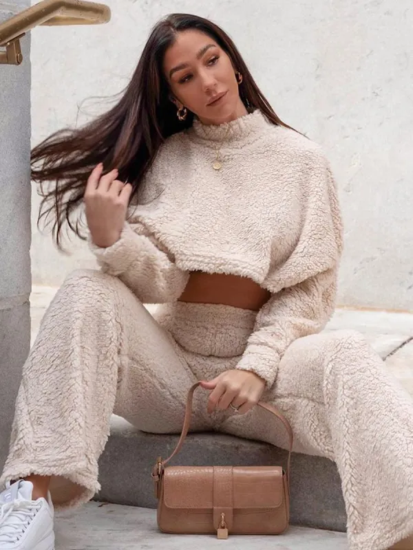 Elsie Teddy Crop Top & Trouser Co-ord In Stone sold by Vivichi