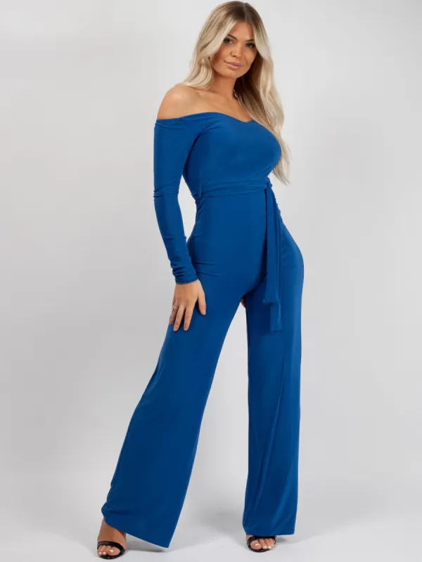 Ellice Slinky Bardot Sweetheart Tie Belted Jumpsuit In Royal Blue sold by Vivichi