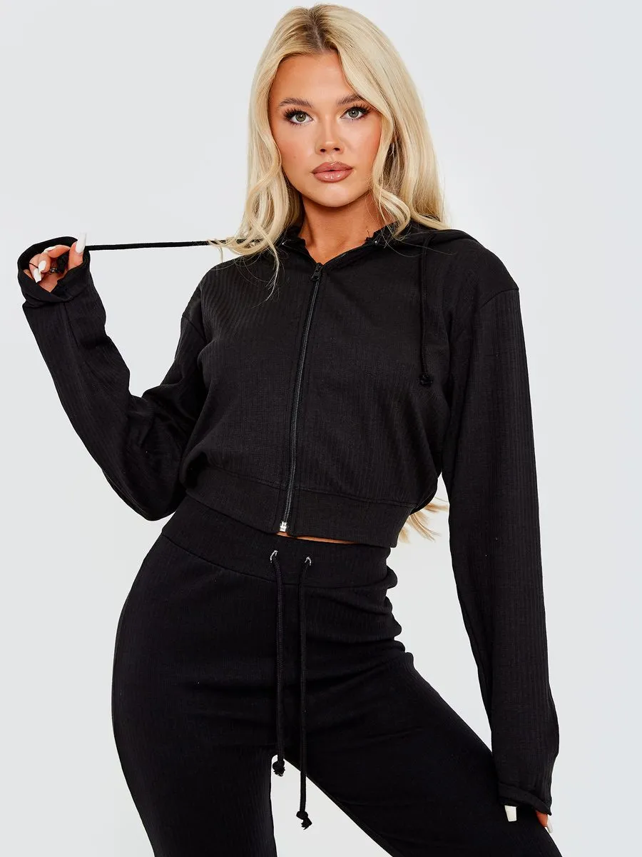 Kaity Ribbed Zip Up Hoodie & Trouser Co-ord In Black sold by Vivichi product image thumbnail 3