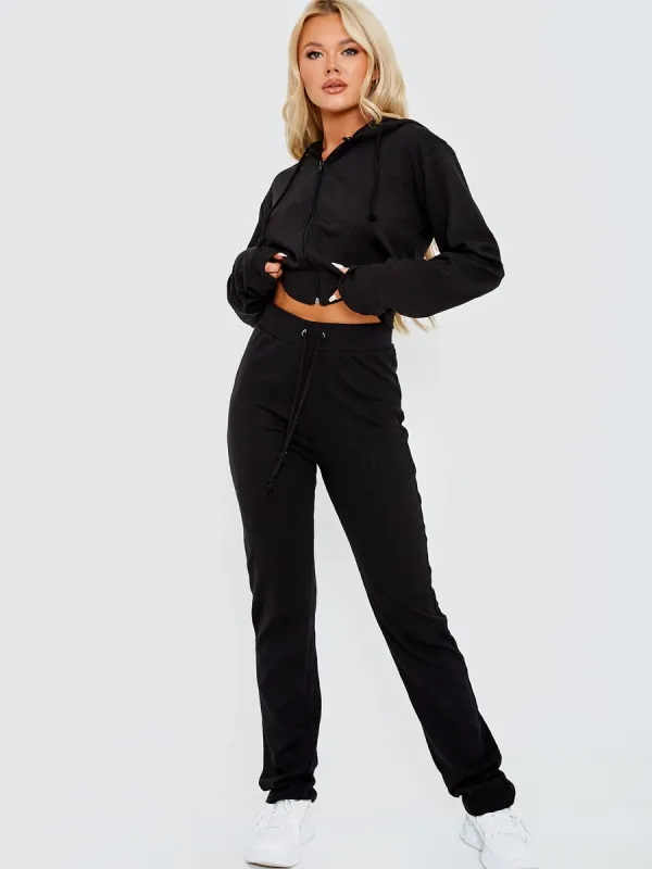 Kaity Ribbed Zip Up Hoodie & Trouser Co-ord In Black made by Vivichi