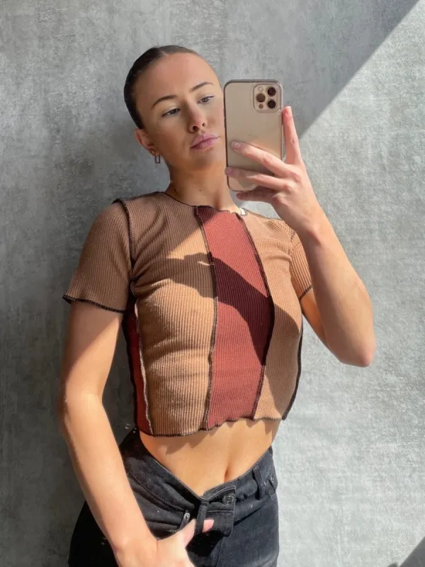 Lynda Two Tone Stitch Detail Ribbed Top In Mocha sold by Vivichi