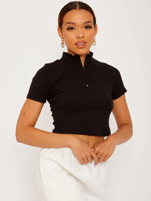 Whitney Thick Ribbed Zip Detail Crop Top In Black sold by Vivichi