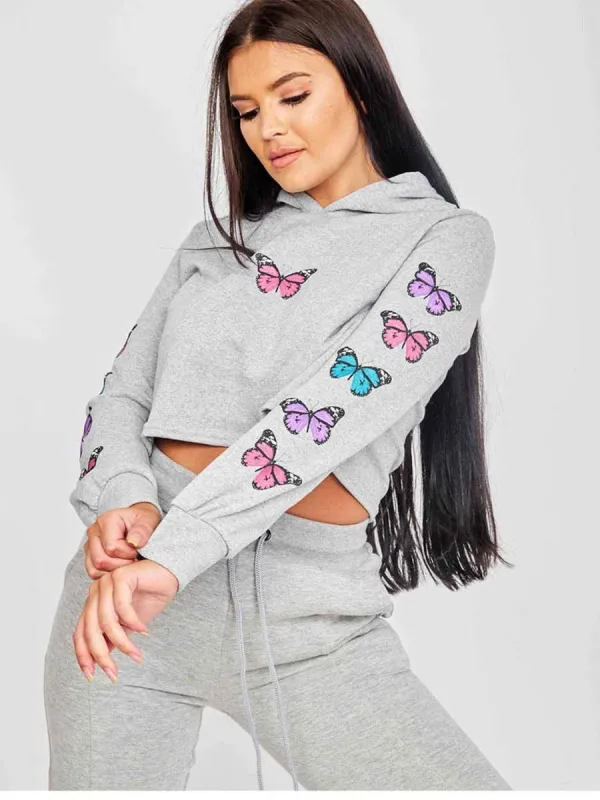 Paula Butterfly Graphic Print Cropped Hoodie In Grey sold by Vivichi