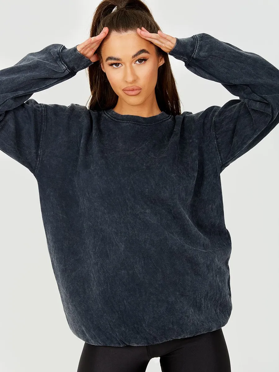 Domy Acid Wash Fleece Sweatshirt Jumper In Black sold by Vivichi