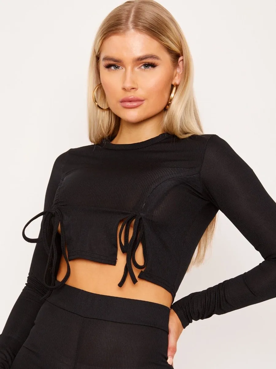 Jen Ribbed Ruched Slit Crop Top and Trouser Co-ord In Black sold by Vivichi product image thumbnail 4