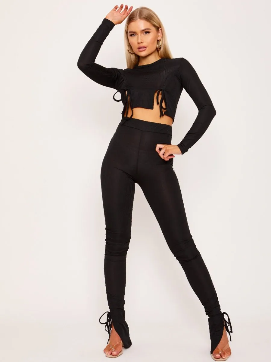 Jen Ribbed Ruched Slit Crop Top and Trouser Co-ord In Black sold by Vivichi