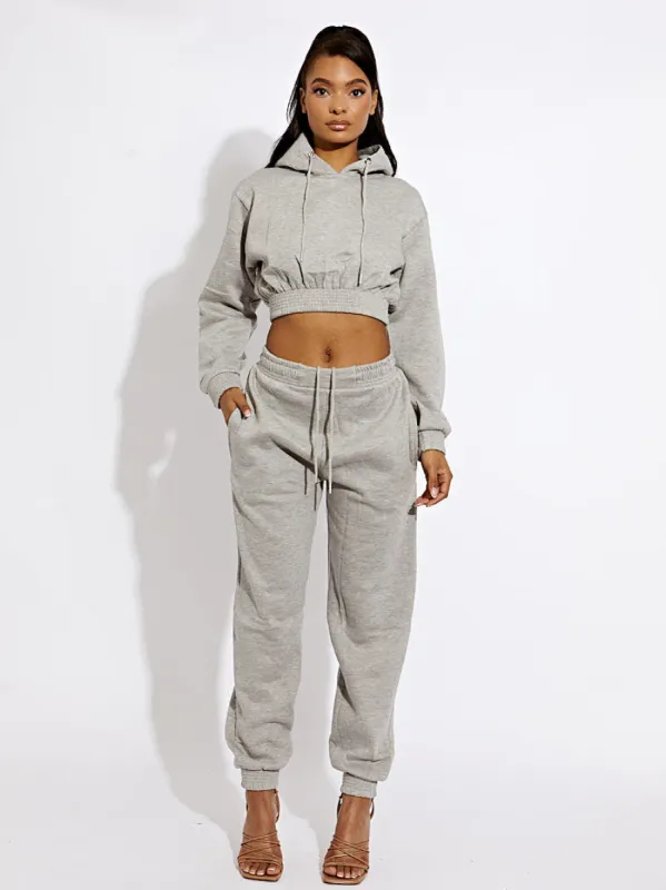 Ciena Cropped Hoodie & Jogger Fleece Co-ord In Grey sold by Vivichi