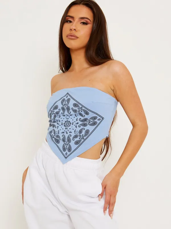 Lina Bandana Scarf Print Crop Top In Blue sold by Vivichi