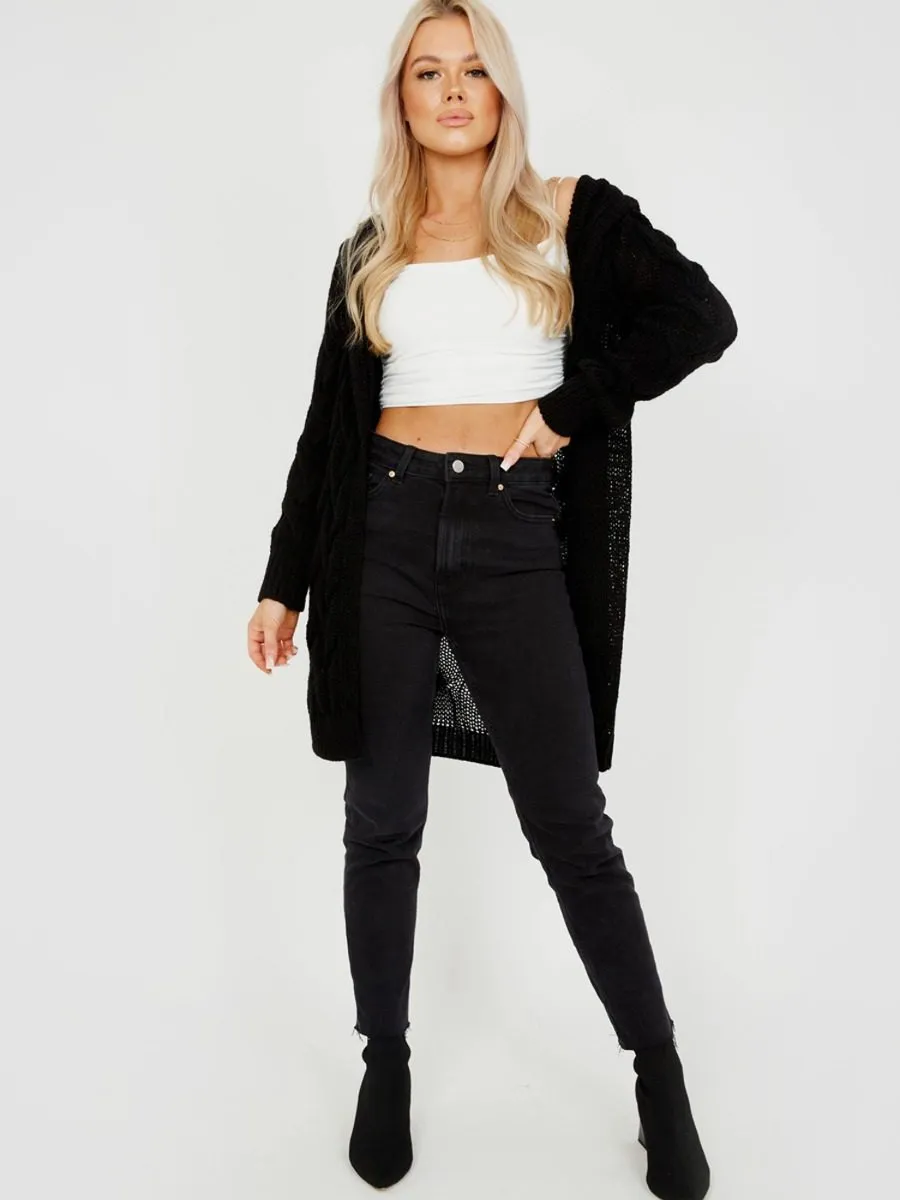 Melanie Cable Knit Detail Hooded Cardigan In Black sold by Vivichi