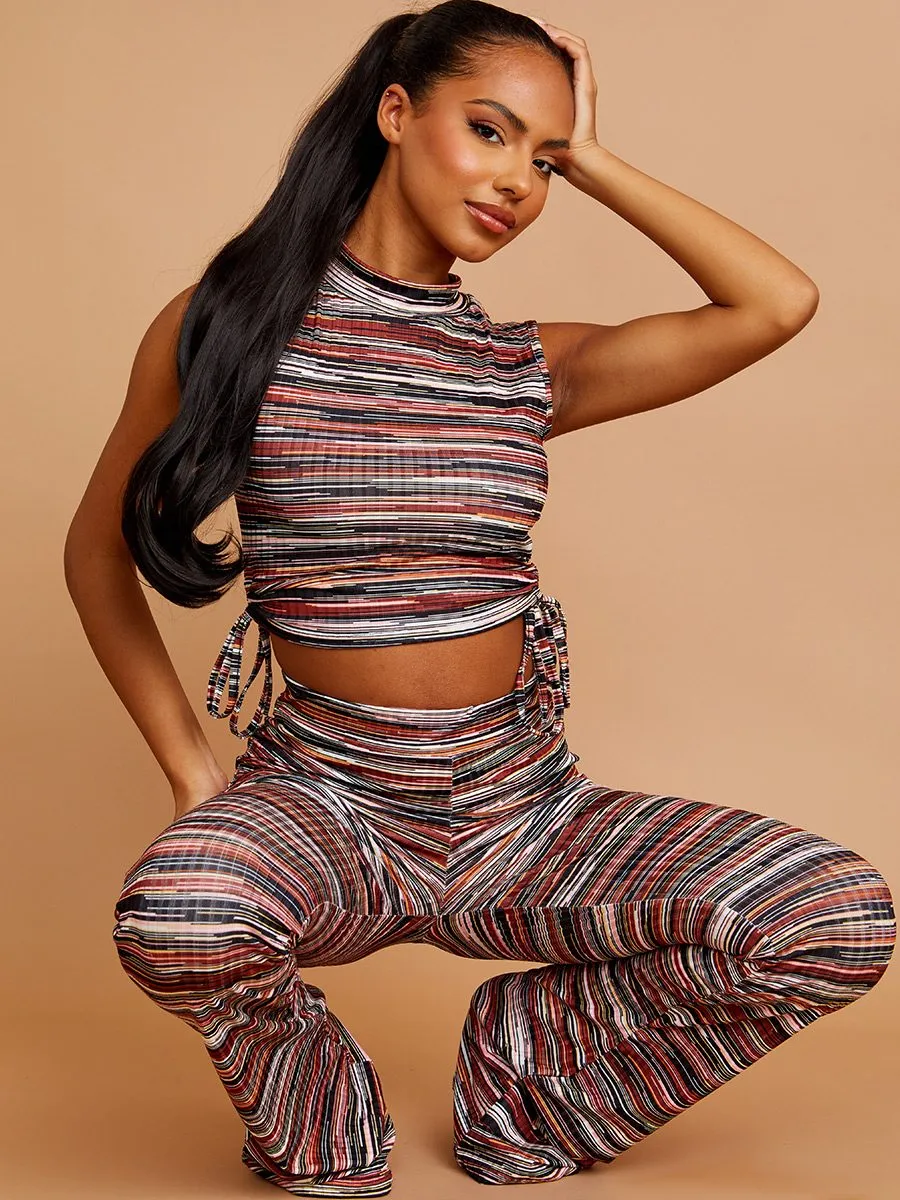 Holie Multi Coloured Ruched Crop Top & Flared Trouser Co-ord In Rust sold by Vivichi product image thumbnail 4
