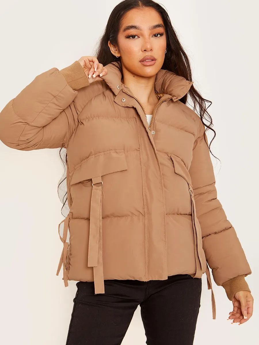 Erika D-Ring Tape Pockets Padded Puffer Jacket In Stone sold by Vivichi